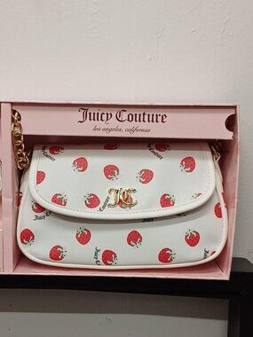 Juicy Couture White Strawberry Mini Shoulder Bag Set w/ Heart Coin Purse • NWT